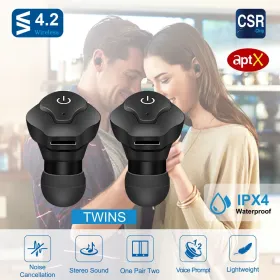 True Wireless Earbuds CSR V4.2 In-ear Stereo Headsets IP44 Waterproof Apt-X TWS Headphones Noise Cancelling (Option: Black)