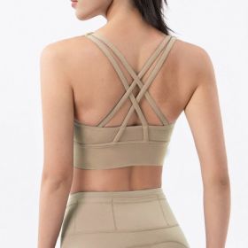 Nylon Top Women Bra Sexy Top Woman Breathable Underwear Women Fitness Yoga Sports Bra For Women Gym 22 Colors (Color: khaki, size: M)