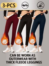 [3-piece set] Winter thick warm leggings, high waisted elastic fashionable versatile leggings (Color: Black+navy blue+wine red, size: S)